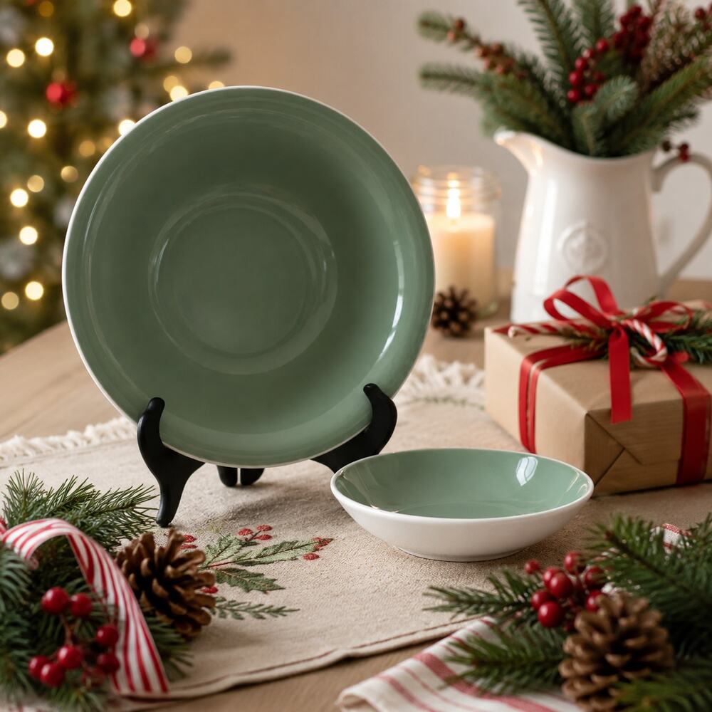 Vintage Sage Green Bowls Set of 2 Mid Century Dinnerware Christmas Cottage Retro